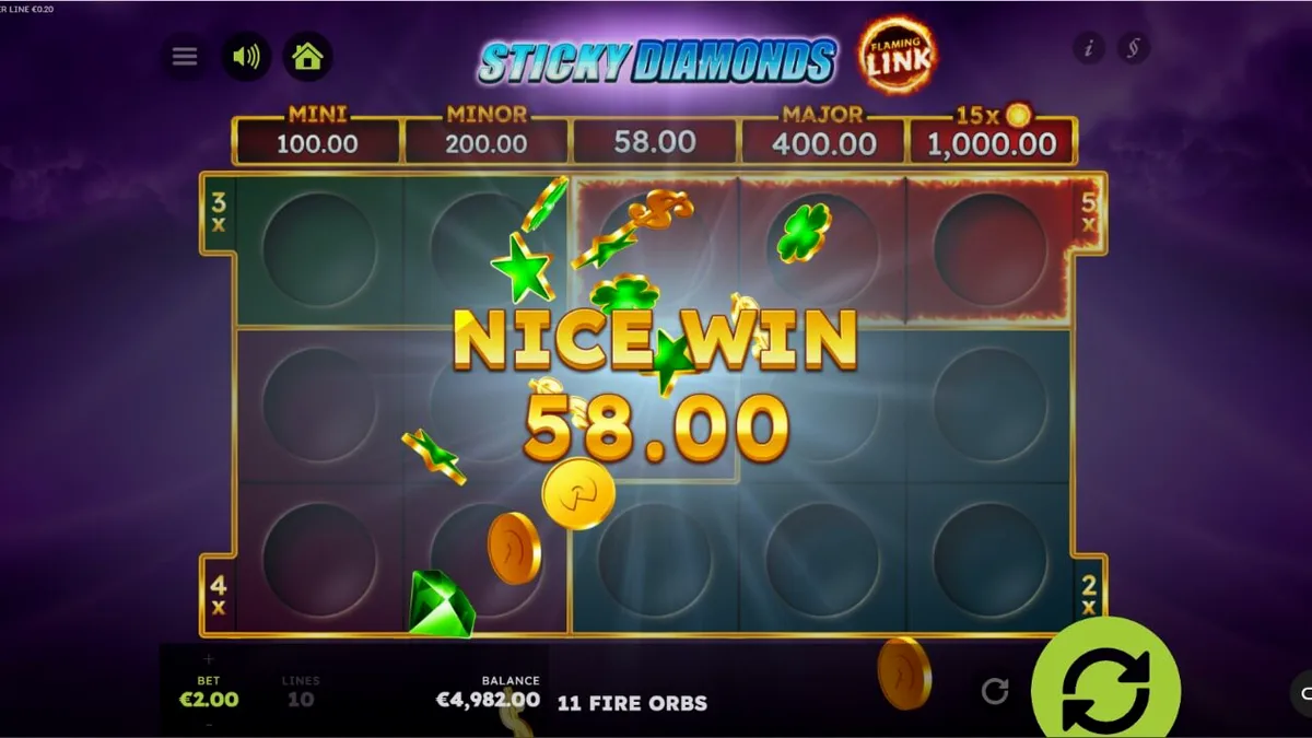 Tampilan layar ponsel yang menampilkan permainan slot Sticky Diamonds Flaming Link dengan latar belakang badai petir.