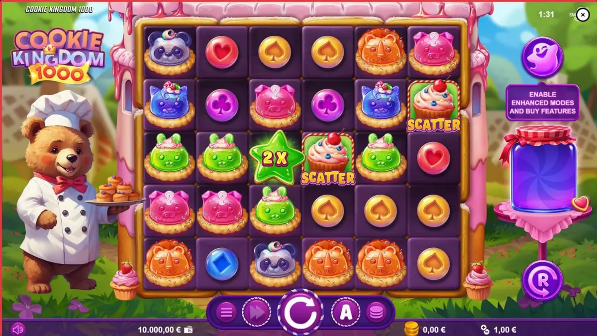 Tampilan visual slot Cookie Kingdom 1000 dengan tema permen dan beruang koki.